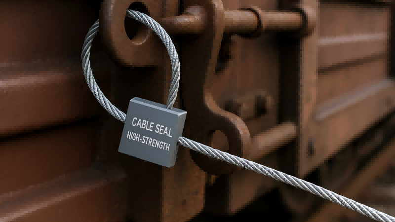 High-Strength Cable Seal on a Railcar A high-strength steel cable seal securely fastened on the locking mechanism of a railway freight car.