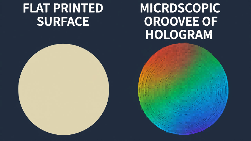 Hologram Structure vs. Printed Decoration Showing the difference between a flat printed surface and the microscopic grooves of a hologram.