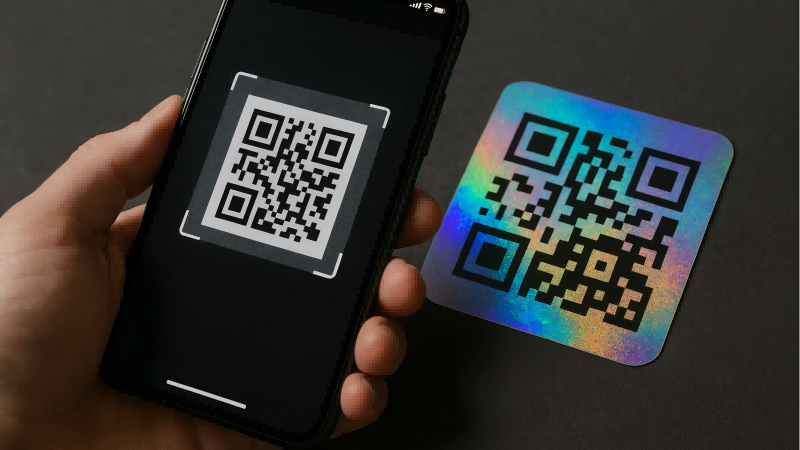 A smartphone scanning a QR code on a hologram sticker, linking to a verification and marketing page.