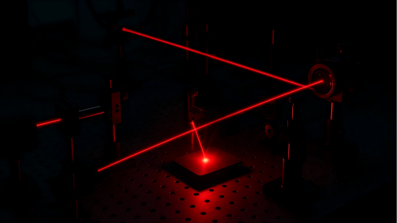 A dark laboratory with a complex optical table showing laser beams, mirrors, and lenses focused on a small plate.