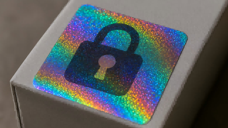 A shimmering custom hologram sticker on a product box, with a lock symbol overlay.