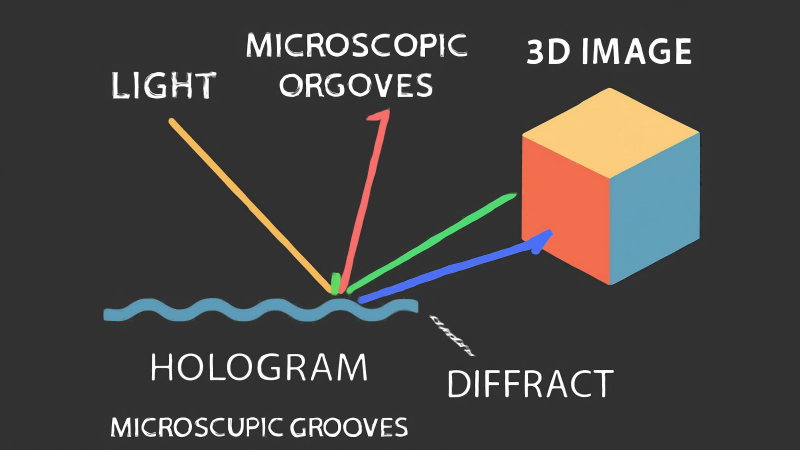 How Light Diffraction Works in a Hologram An animated graphic illustrating how light hits the microscopic grooves of a hologram and diffracts to create a 3D image.
