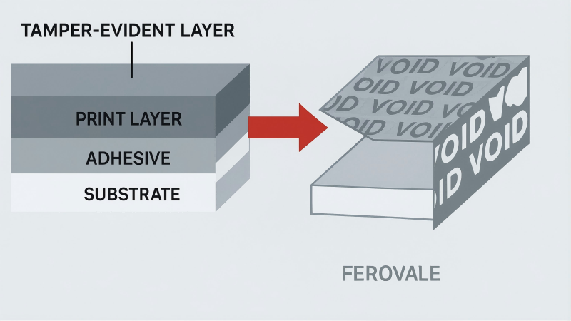 How VOID Label Technology Works A diagram showing the multi-layer construction of a VOID label and how it separates upon removal.