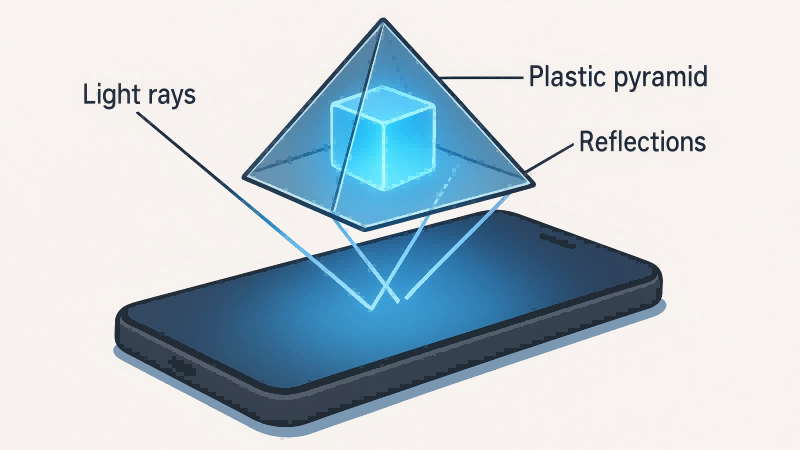 How a DIY Phone Hologram Projector Works An illustration showing how light from a smartphone screen reflects off the sides of a plastic pyramid to create an illusion.