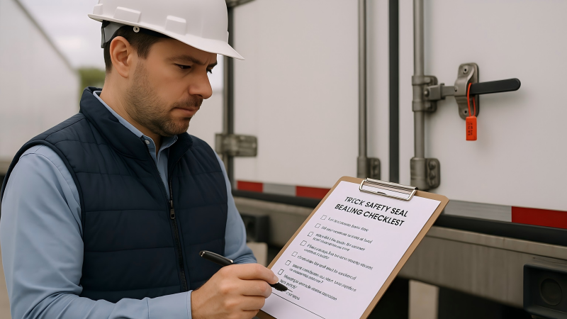 A logistics manager reviewing a checklist for a cargo sealing protocol, ensuring every step is followed.
