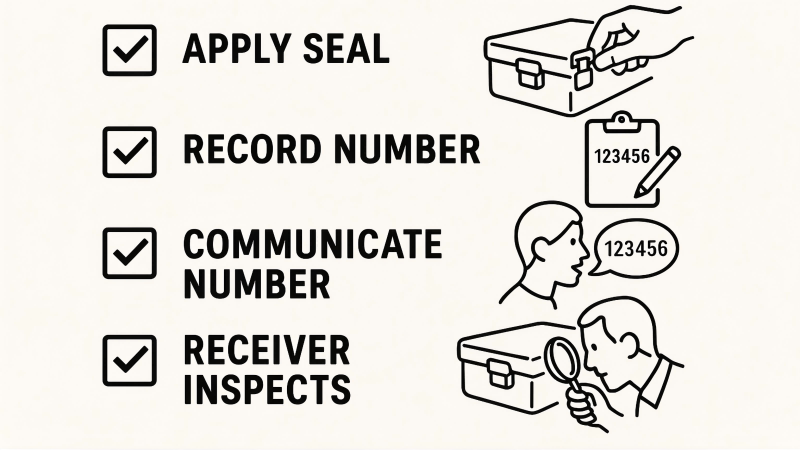  A checklist showing the key steps of a sealing strategy: Apply Seal, Record Number, Communicate Number, Receiver Inspects.