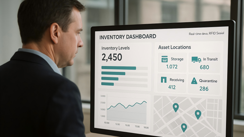 A manager looking at a dashboard showing real-time inventory levels and asset locations, derived from RFID seal data.