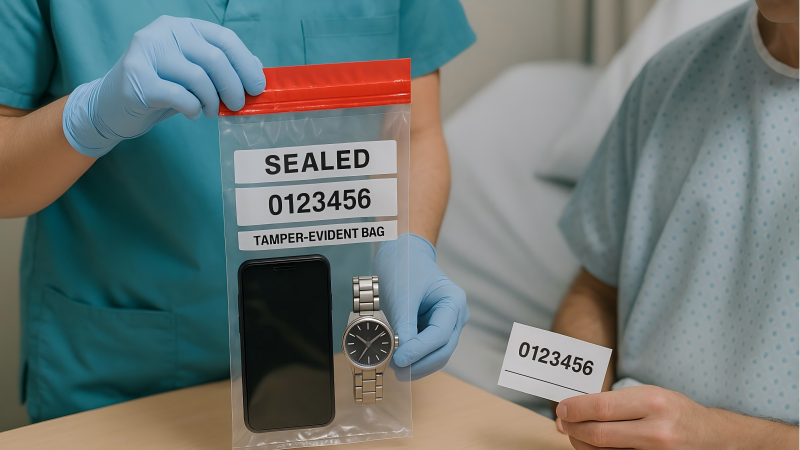 A hospital staff member sealing a patient's watch and phone in a numbered tamper-evident bag while the patient watches and holds a matching receipt.