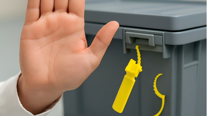 A person holding up their hand in a "stop" motion, with a compromised or broken security seal on a container in the background. The scene is well-lit.