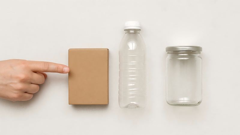 Matching Tamper-Evident Labels to Packaging Surfaces A hand pointing to a lineup of different packaging materials: a cardboard box, a plastic bottle, and a glass jar.