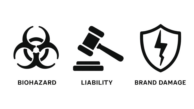Mitigating Broader Business Risks with Seals Icons representing different risks: biohazard (contamination), legal gavel (liability), and a cracked shield (brand damage).