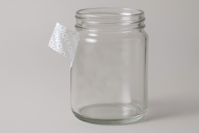 Non-Residue VOID Label on Glass A Non-Residue VOID label being peeled off a glass surface, showing the word "VOID" on the label and a perfectly clean jar.