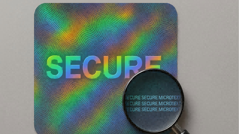 Showing a hologram sticker with visible effects, while a magnifying glass reveals hidden microtext.