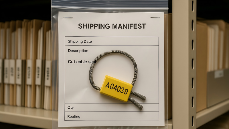 A cut cable seal placed in a clear plastic bag, which is then stapled to its corresponding shipping manifest in an organized records room.