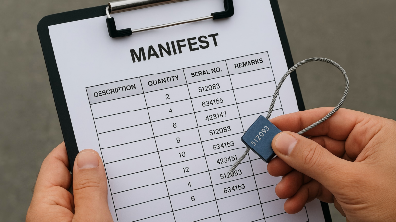  A close-up of a person holding a manifest on a clipboard next to a cable seal, carefully comparing the serial number on the seal to the number on the paper.