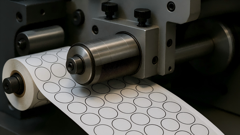 A rotary die-cutting machine precisely cutting individual stickers from a large roll.