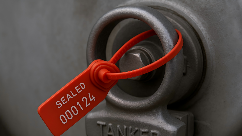 A bright red, numbered pull-tight plastic seal secured tightly around the handle of a tanker valve.