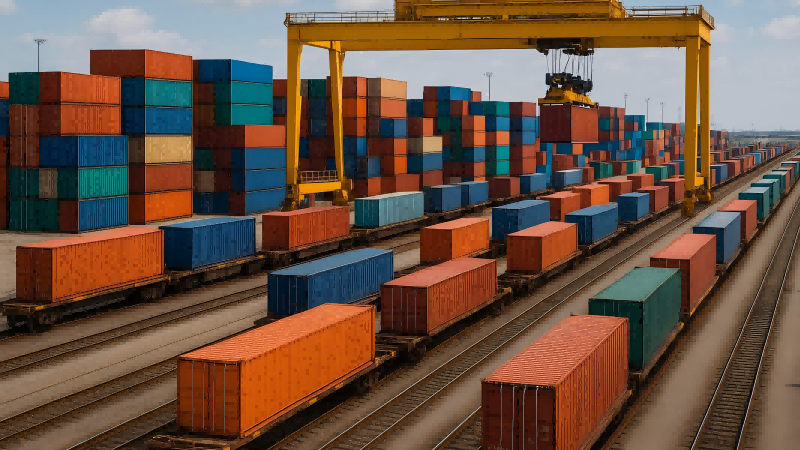 Rail Freight Growth and Container Security A busy rail yard with stacks of intermodal containers being loaded onto freight trains.