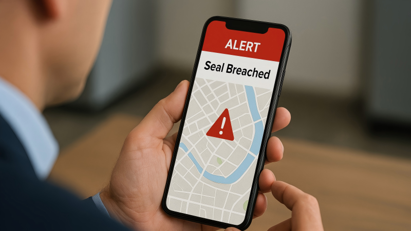 A security manager receiving an alert on their smartphone, showing a map with a red icon indicating a seal has been breached at a specific location.