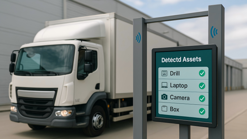 A truck driving through an RFID gate reader, with a screen showing all the tagged assets inside being detected automatically.