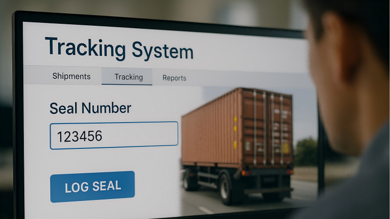 Seal Number as a Critical Data Point An image of a logistics manager's computer screen showing a seal number being logged into a tracking system.