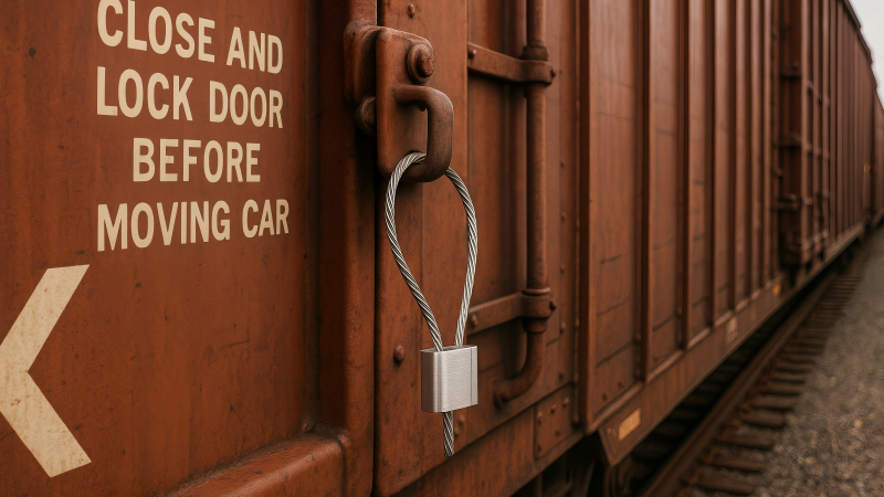 A freight train with a close-up on a sealed boxcar door, showing a heavy-duty cable seal in place.
