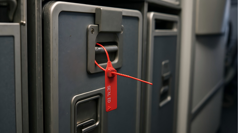 The trolleys and dining cars on the plane are sealed with plastic seals