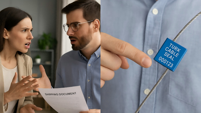 Two people arguing over a shipping document, contrasted with an image of a person calmly pointing to an intact seal.