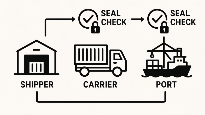 Securing the Chain of Custody with Seal Checks A flowchart graphic showing a container moving from shipper to carrier to port, with a "Seal Check" icon at each transition point.