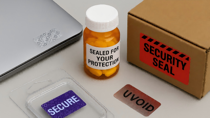 Security Labels in Asset Protection A variety of security labels applied to different products like a laptop, a medicine bottle, and a shipping box.