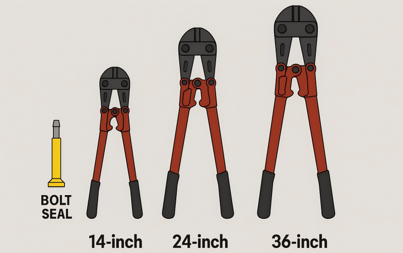 A size comparison chart of three bolt cutters (14-inch, 24-inch, 36-inch) next to a single bolt seal.