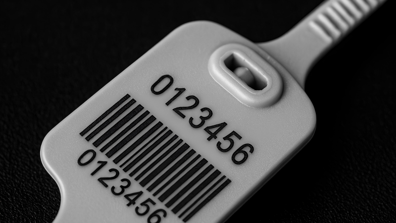 a clean, laser-engraved serial number and barcode on a plastic pull-tight security seal.