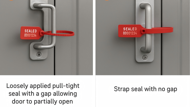 A two-panel infographic. Panel 1 shows a loosely applied pull-tight seal with a gap allowing a door to partially open. Panel 2 shows a strap seal with no gap.