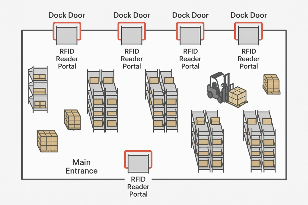 An overhead view of a warehouse layout showing RFID reader portals placed at all dock doors and the main entrance.