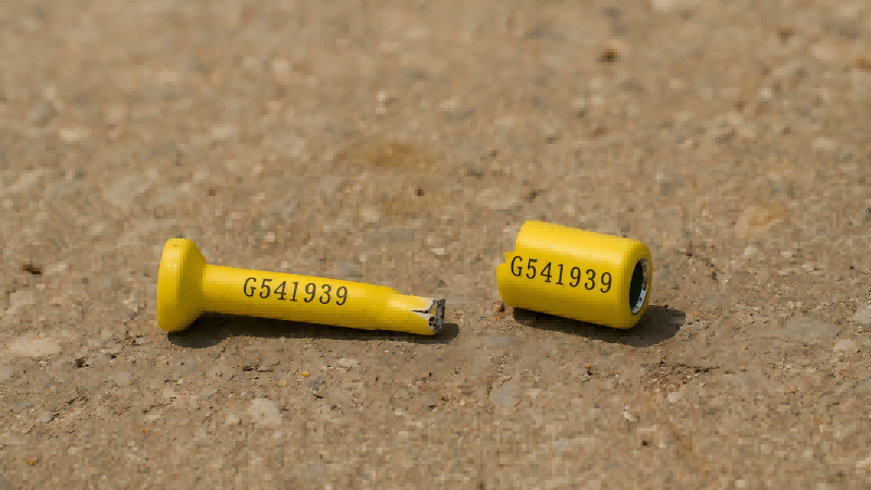 Tamper Evidence not Prevention A broken bolt seal lying on the ground, clearly showing evidence of tampering.