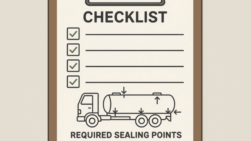 A clipboard with a checklist and a diagram of a tanker truck, with arrows pointing to all the required sealing points.