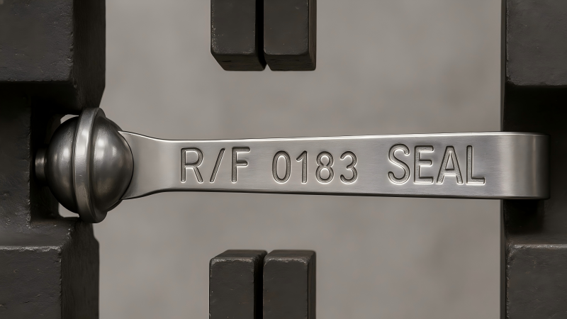 A close-up of a thick metal strap seal being tested for strength, showing its robust construction.