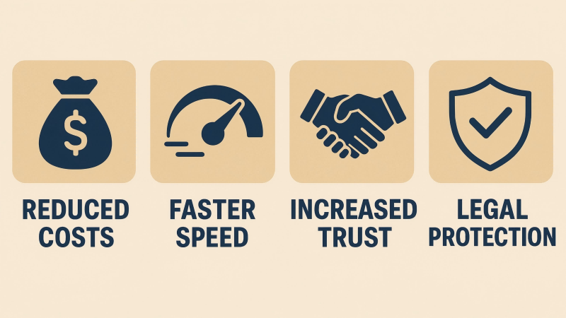 Showing icons for reduced costs, faster speed, increased trust, and legal protection, symbolizing the benefits of sealing.