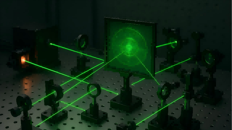 The Complex Process of Hologram Origination A laboratory setup showing a complex arrangement of lasers, mirrors, and lenses used for creating a master hologram.