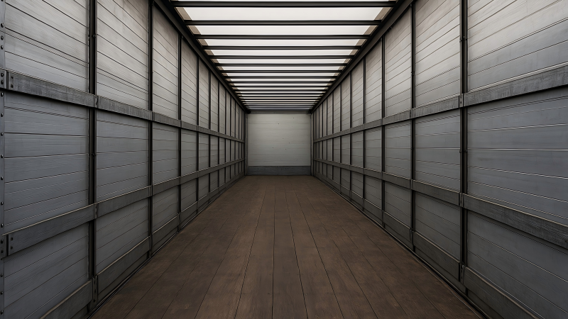 A dark, ominous photo looking inside an unsealed empty truck trailer, suggesting unknown dangers.