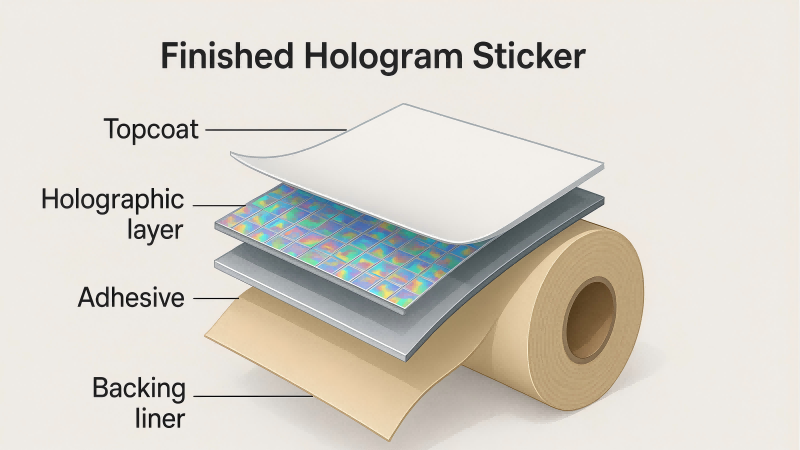 Showing the different layers of a finished hologram sticker: topcoat, holographic layer, adhesive, and a roll of backing liner.