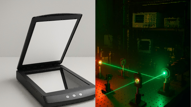 The High Barrier to Counterfeiting Holograms Showing a simple scanner on one side and a complex, expensive holography lab on the other, representing the barrier to entry.