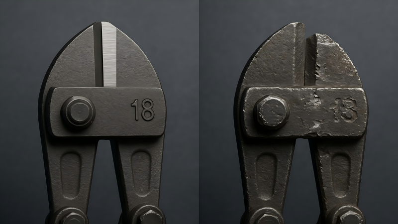 A close-up comparison of two bolt cutter blades: one is sharp and pristine, the other is chipped and damaged.