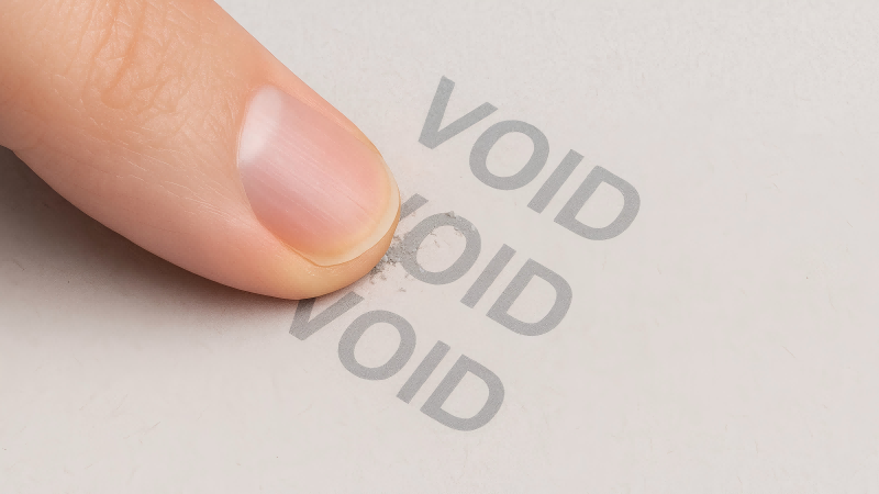 A person's finger attempting to scrape off a "VOID" residue, unsuccessfully, showing the permanence of the message.
