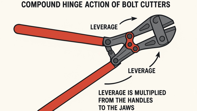 A diagram illustrating the compound hinge action of bolt cutters, showing how leverage is multiplied from the handles to the jaws.