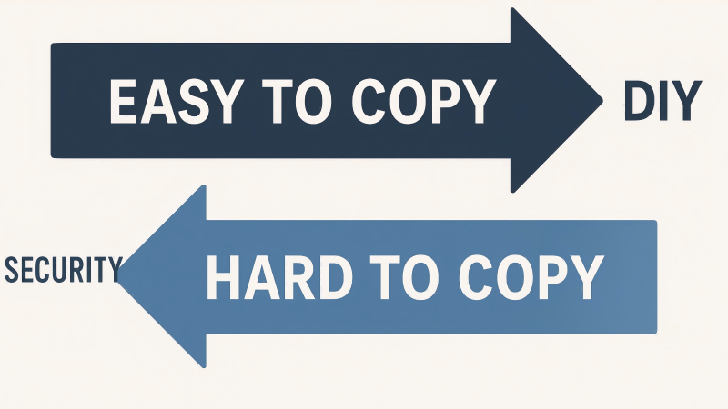 The Opposite Design Missions of Holograms A diagram with two arrows pointing in opposite directions. One labeled 'Easy to Copy' for DIY, the other 'Hard to Copy' for Security.