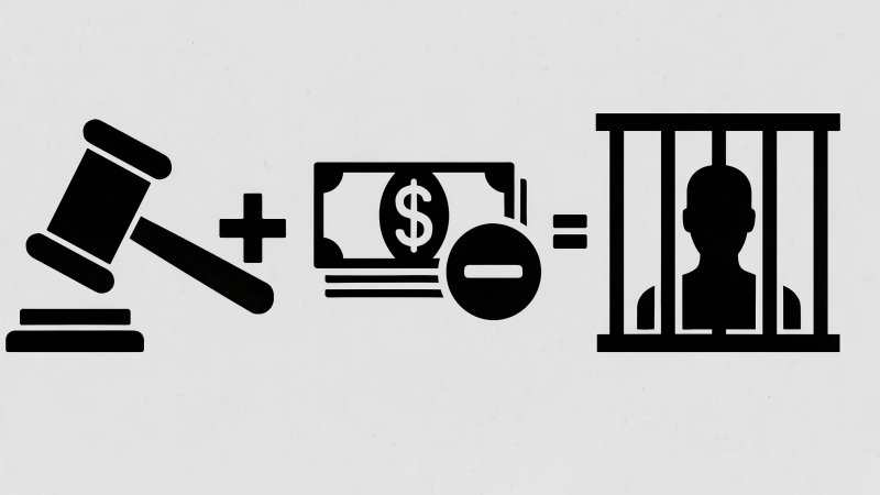 The Severe Penalties for Customs Violations Showing a gavel, a stack of money with a minus sign, and jail bars, symbolizing the severe legal penalties.