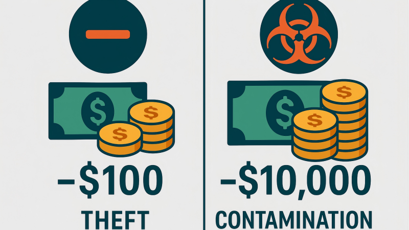 An infographic showing two scenarios: one with a subtraction sign for theft, the other with a biohazard symbol for contamination, with the contamination showing a much larger monetary loss.