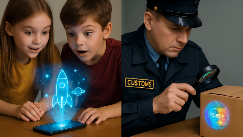 Toy Application vs. Business Asset Application Showing kids playing with a phone hologram toy on one side, and a customs officer inspecting a security hologram on a box on the other.