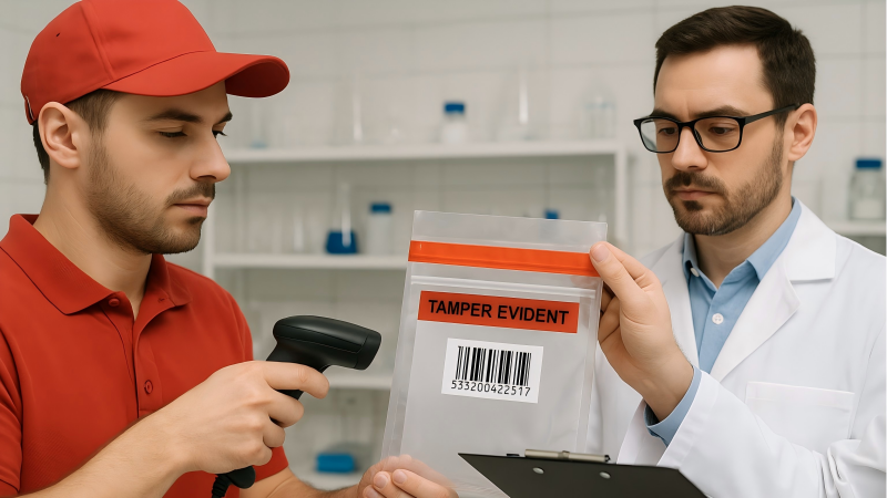 A courier scanning the barcode on a tamper-evident bag before handing it off to a lab technician, documenting the transfer of custody.